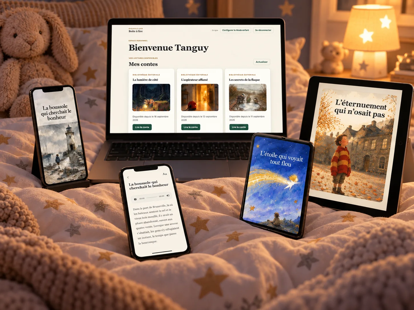 Des contes Gigabole affichés sur un ordinateur, des tablettes et des téléphones dans une chambre chaleureuse