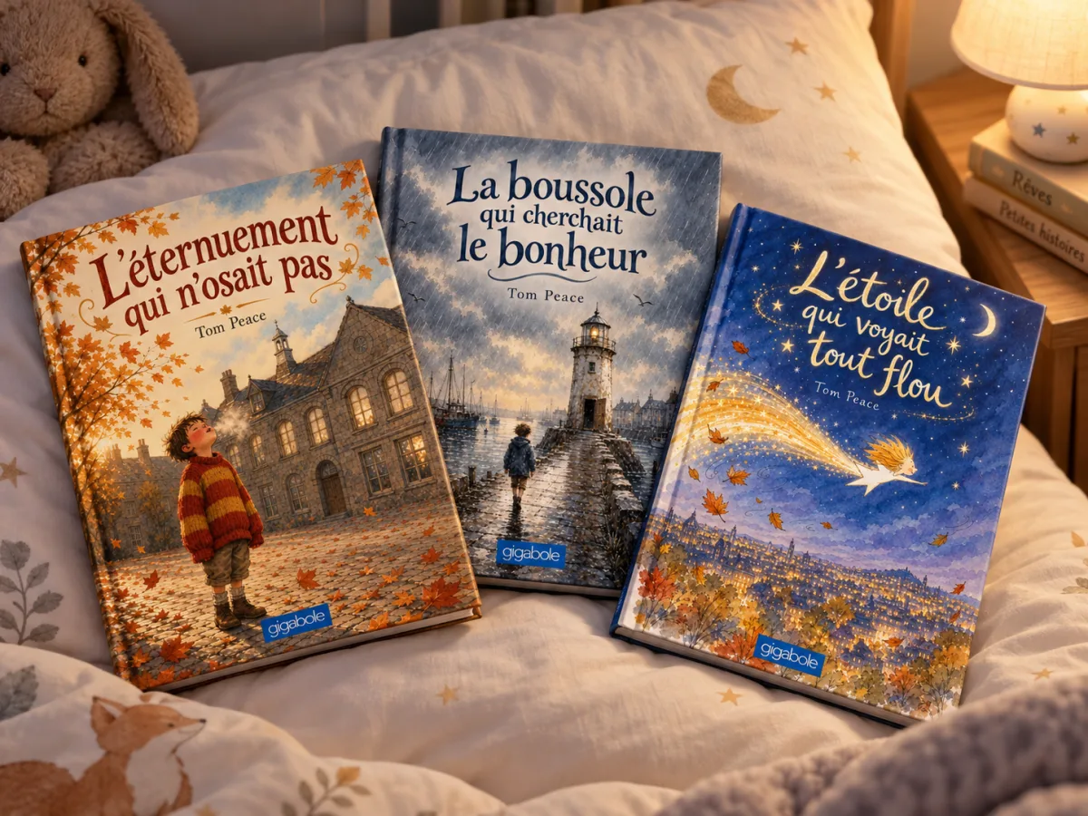 Mise en scène imaginaire de trois contes Gigabole Kids sous forme de livres dans une chambre d’enfant